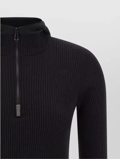 Brunello Cucinelli Knit Sweater Hood Ribbed Texture In Blue