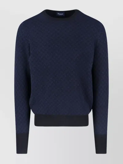 Drumohr Crewneck Sweater Patterned Ribbed Cuffs In Blue