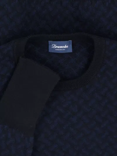 Drumohr Crewneck Sweater Patterned Ribbed Cuffs In Blue