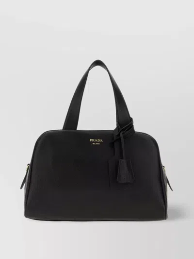 Prada Leather Handbag With Structured Shape And Top Handles In Black