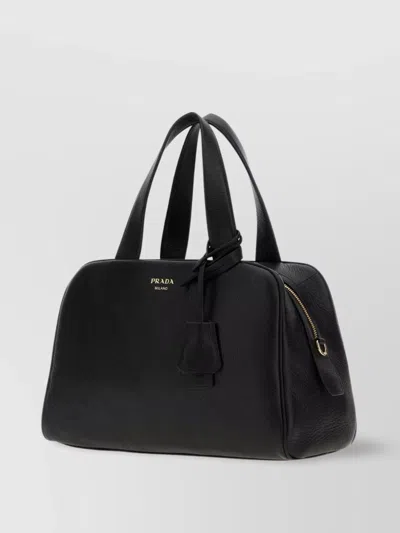 Prada Leather Handbag With Structured Shape And Top Handles In Black