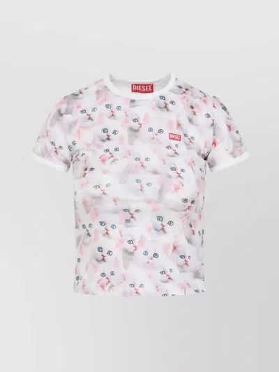 Diesel Cat-print T-shirt With Short Sleeves Throughout In White