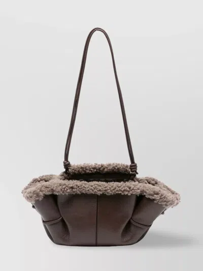 Hereu Mini Leather Handbag Shearling Trim In Brown