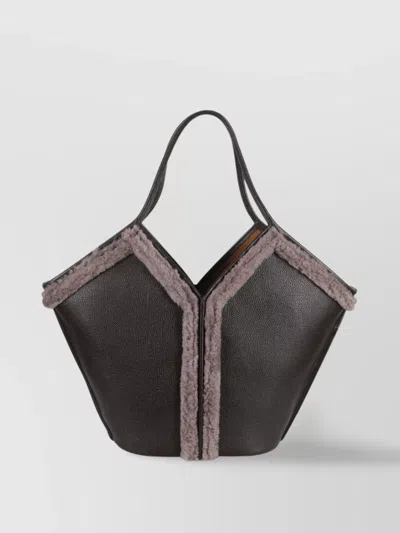 Hereu Leather Shopping Bag Shearling Trim In Black