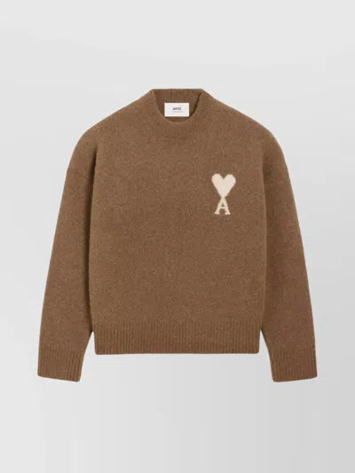 Ami Alexandre Mattiussi Knitted Sweater With Ribbed Crew Neckline In Brown