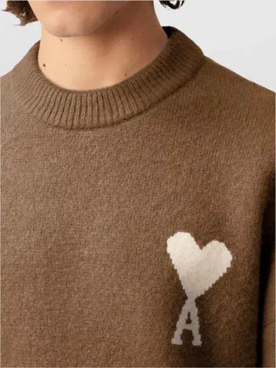 Ami Alexandre Mattiussi Knitted Sweater With Ribbed Crew Neckline In Brown