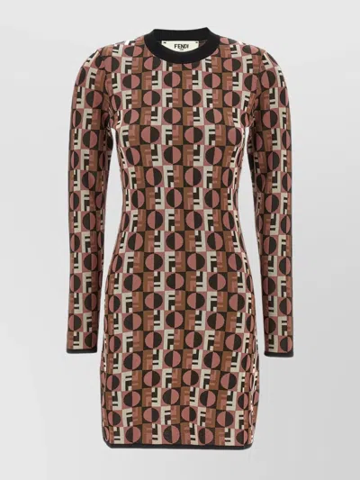 Fendi Optical Crew Neck Geometric Pattern Dress In Brown