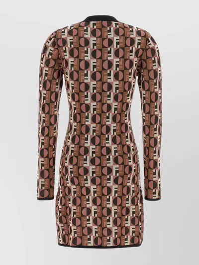 Fendi Optical Crew Neck Geometric Pattern Dress In Brown