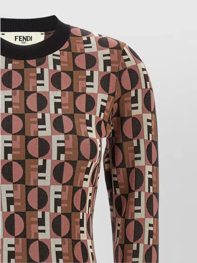 Fendi Optical Crew Neck Geometric Pattern Dress In Brown