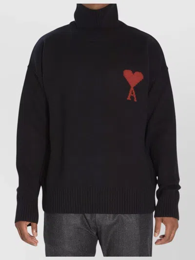 Ami Alexandre Mattiussi Relaxed Fit Black Wool Turtleneck Sweater With Graphic Heart Motif In Black