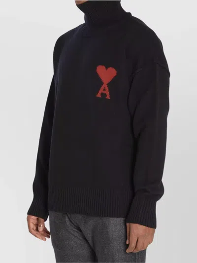 Ami Alexandre Mattiussi Relaxed Fit Black Wool Turtleneck Sweater With Graphic Heart Motif In Black