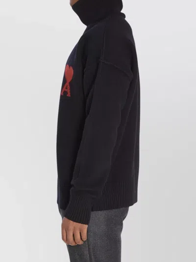 Ami Alexandre Mattiussi Relaxed Fit Black Wool Turtleneck Sweater With Graphic Heart Motif In Black