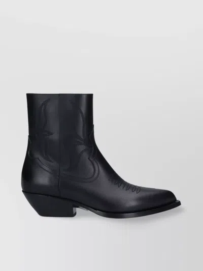 Celine Pointed Toe Cuban Heel Ankle Boots With Embroidered Detail In Black