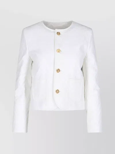 Celine Textured Fabric Jacket With Front Pockets And Gold Buttons In White