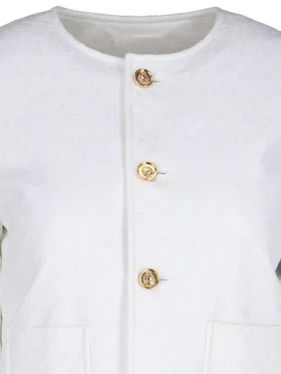 Celine Textured Fabric Jacket With Front Pockets And Gold Buttons In White