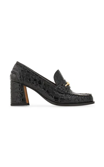 Ferragamo Croc-embossed Block Heel Round Toe Pumps In Black