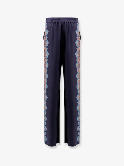 Etro Floral Print Silk Trousers In Blue