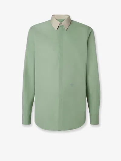 Fendi Contrast-collar Logo-embroidered Shirt In Green