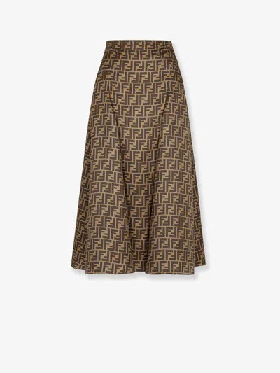 Fendi Women Embroidered Silk Skirt In Brown