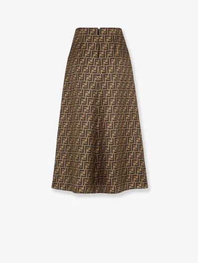 Fendi Women Embroidered Silk Skirt In Brown