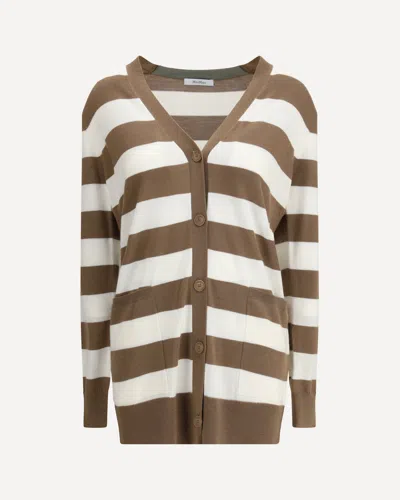 Max Mara Women 'fiemme'beige Cardigan With Rear Embroidery And All-over Striped Motif In Wool Woman In Brown