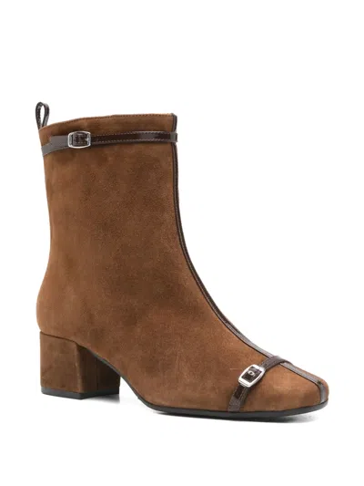 Carel Paris Brown Suede Ankle Boots With Decorative Buckled Straps In Brown