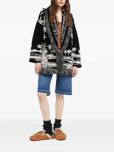 Alanui Black Cardigan With Tropical Pattern And Fringes In Black