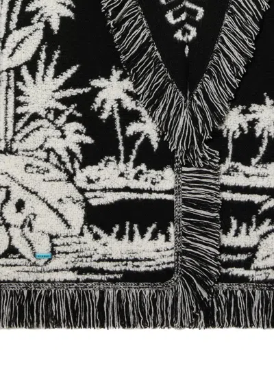 Alanui Black Cardigan With Tropical Pattern And Fringes In Black