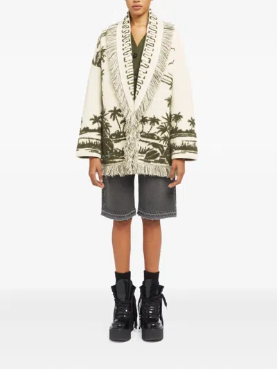 Alanui Long Cardigan With Belted Waist And Fringe In Green