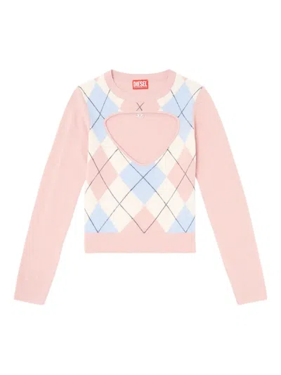 Diesel Cut-out Jumper In Argyle Wool In Pink