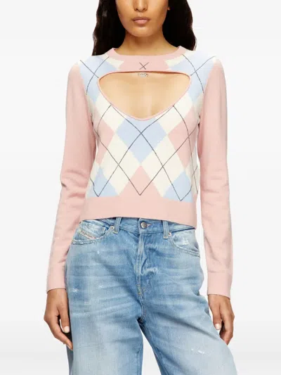 Diesel Cut-out Jumper In Argyle Wool In Pink