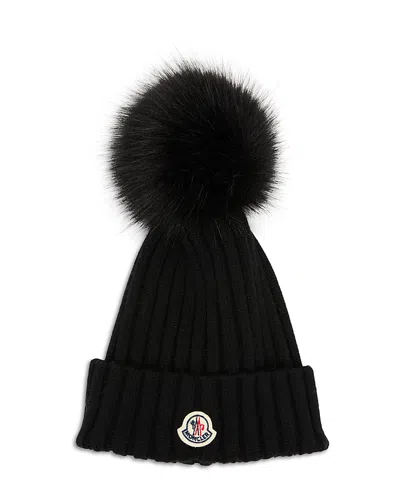 Moncler Ribbed Knit Wool Beanie With Faux Fur Pom-pom In Black