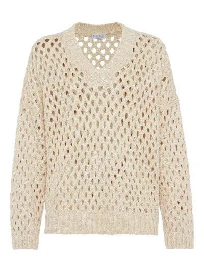 Brunello Cucinelli Sequined Open-knit Silk Sweater In Neutral