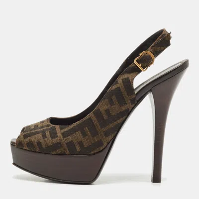 Pre-owned Fendi Brown Zucca Canvas Open Toe Platform Slingback Sandals Size 40
