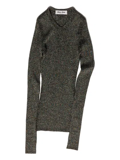 Miu Miu Long-sleeves Ribbed Sweater In Gray