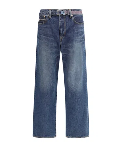 Sacai Belted Zip-pocket Jeans In Blue