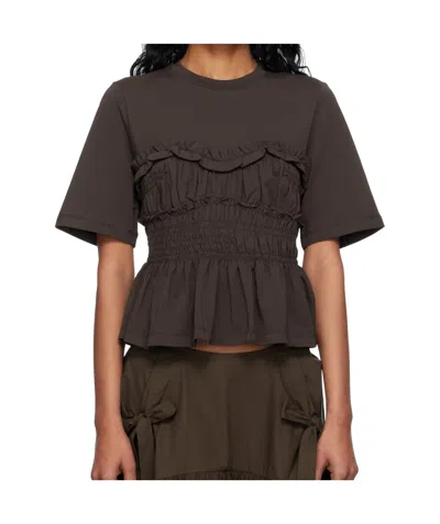Cecilie Bahnsen Vilde Ruffled Shirred Cotton-jersey T-shirt In Brown