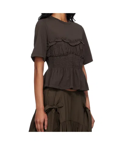 Cecilie Bahnsen Vilde Ruffled Shirred Cotton-jersey T-shirt In Brown