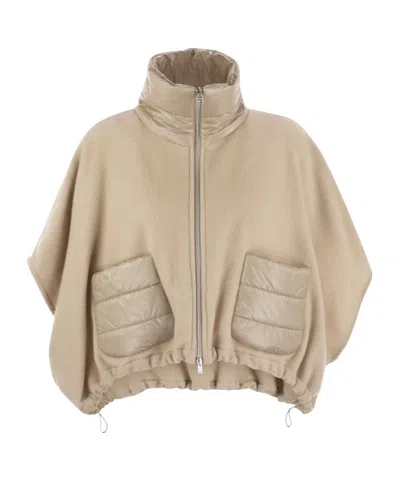 Herno Resort Poncho In Wool And Cashemre With Ultralight Nylon Details In Neutral