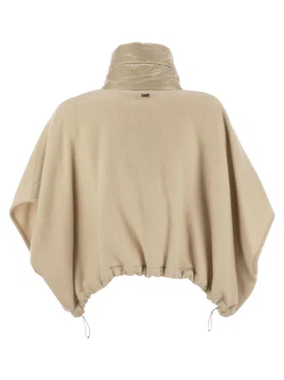 Herno Resort Poncho In Wool And Cashemre With Ultralight Nylon Details In Neutral