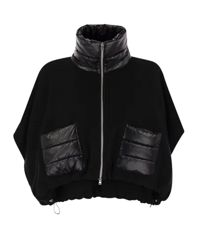 Herno Resort Poncho In Wool And Cashemre With Ultralight Nylon Details In Black