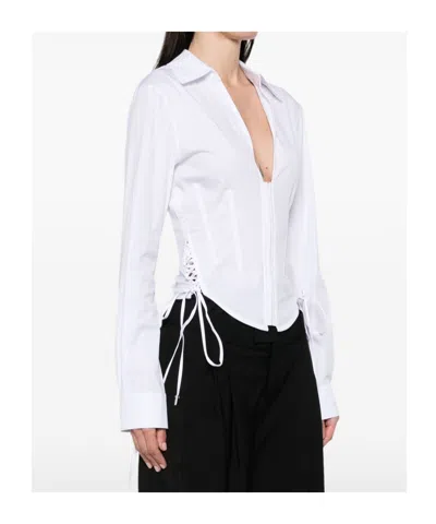 Mugler Slim Fit V-neck Optical White Organic Cotton Shirt Women In Gray