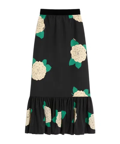 Valentino Womens Nero Avorio Verde Floral-print Silk-crepe Maxi Skirt In Black
