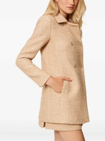 Twinset Beige Coat With Collar And Sequin Embellishments In Tech Fabric Woman In Neutral