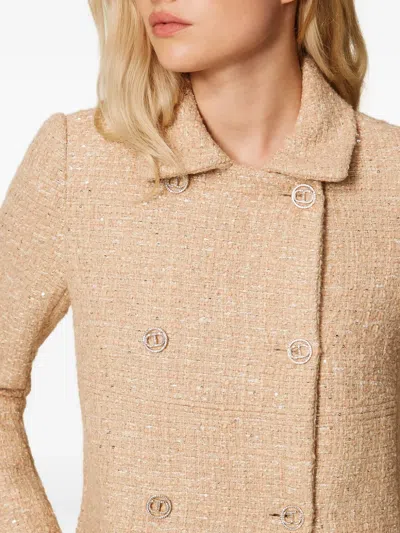 Twinset Beige Coat With Collar And Sequin Embellishments In Tech Fabric Woman In Neutral