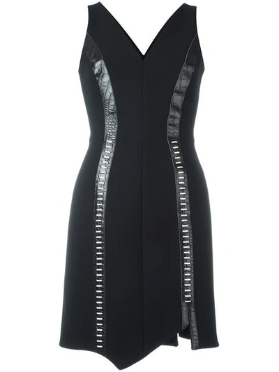 Mugler Leather-panelled V-neck Wool-blend Dress In Black