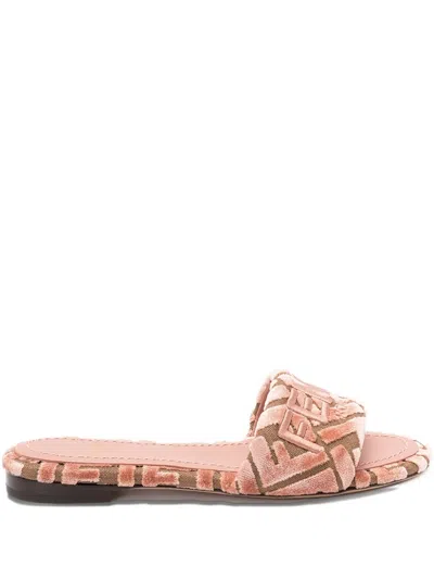 Fendi Velvet Slide Ff Open Toe Flat Sole In Multi