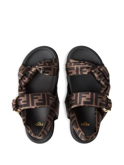 Fendi Women Feel Elastic Satin Sandals With Ff Motif In Brown