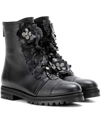 Jimmy Choo Havana Flat Black Soft Textured Leather With Floral Applique Combat Boots