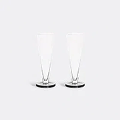 Tom Dixon Puck Set Of Two Flute Glasses In Clear / Black Base